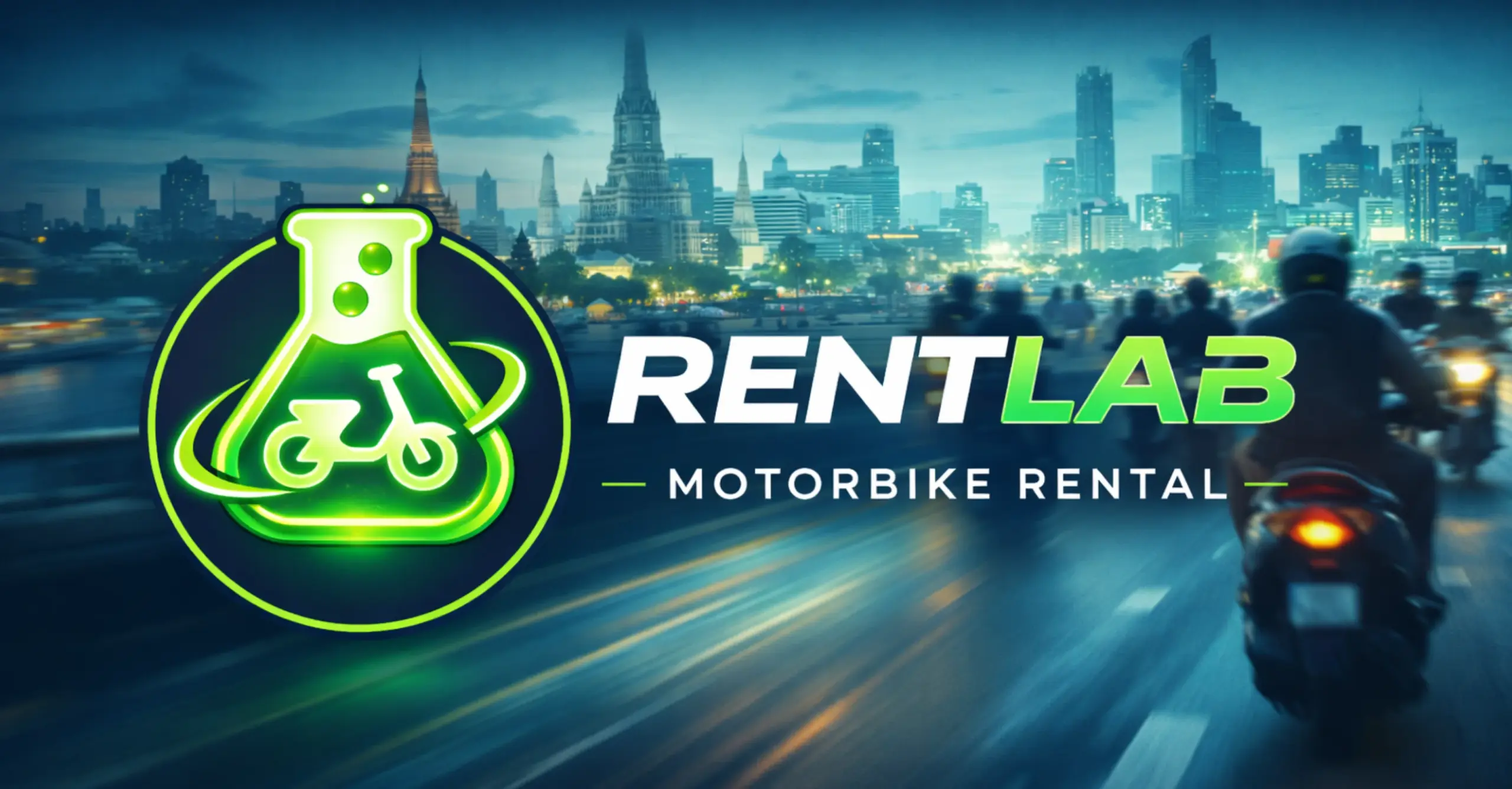 RentLab Motorbike Rental banner with glowing green logo and Bangkok skyline with rider in background