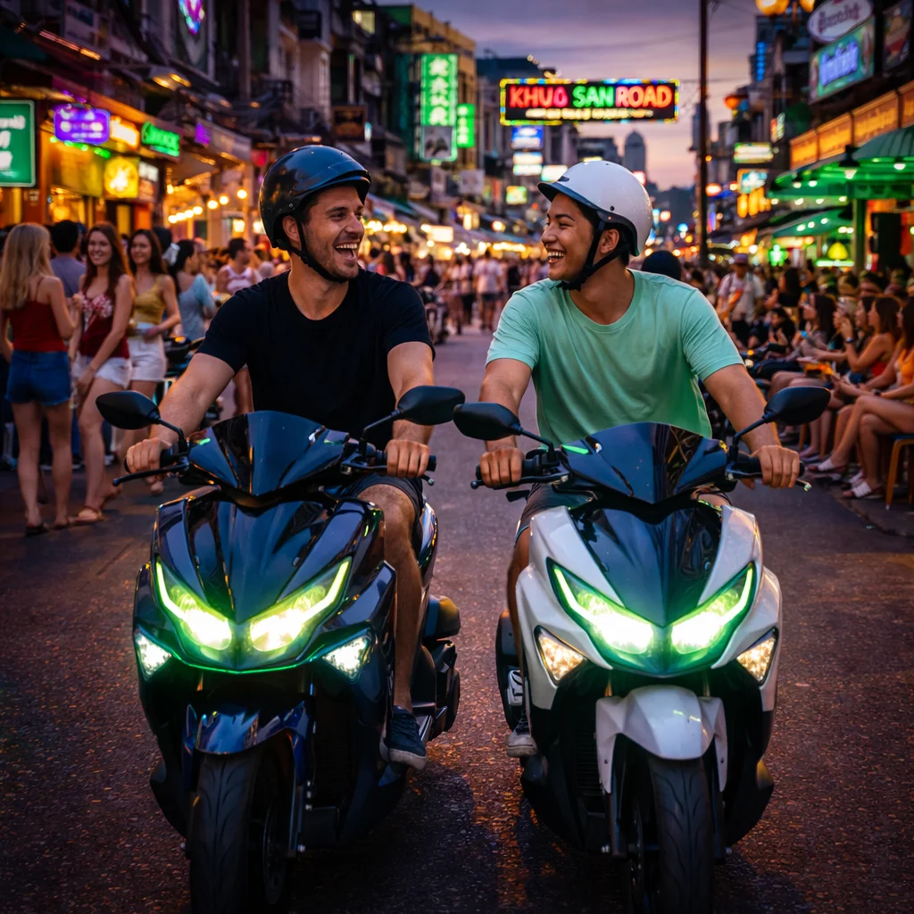 Two men wearing helmets on black and white scooters on Khao San Road Bangkok at night