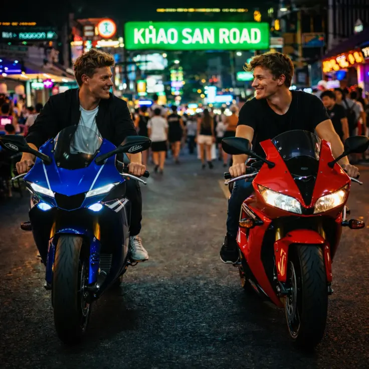Two men on blue and red sport motorbikes on Khao San Road Bangkok at night
