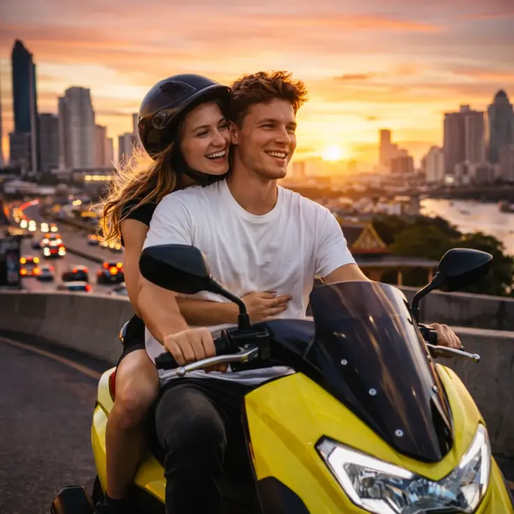 Couple riding yellow GPX scooter at sunset with Bangkok highway and city skyline in background
